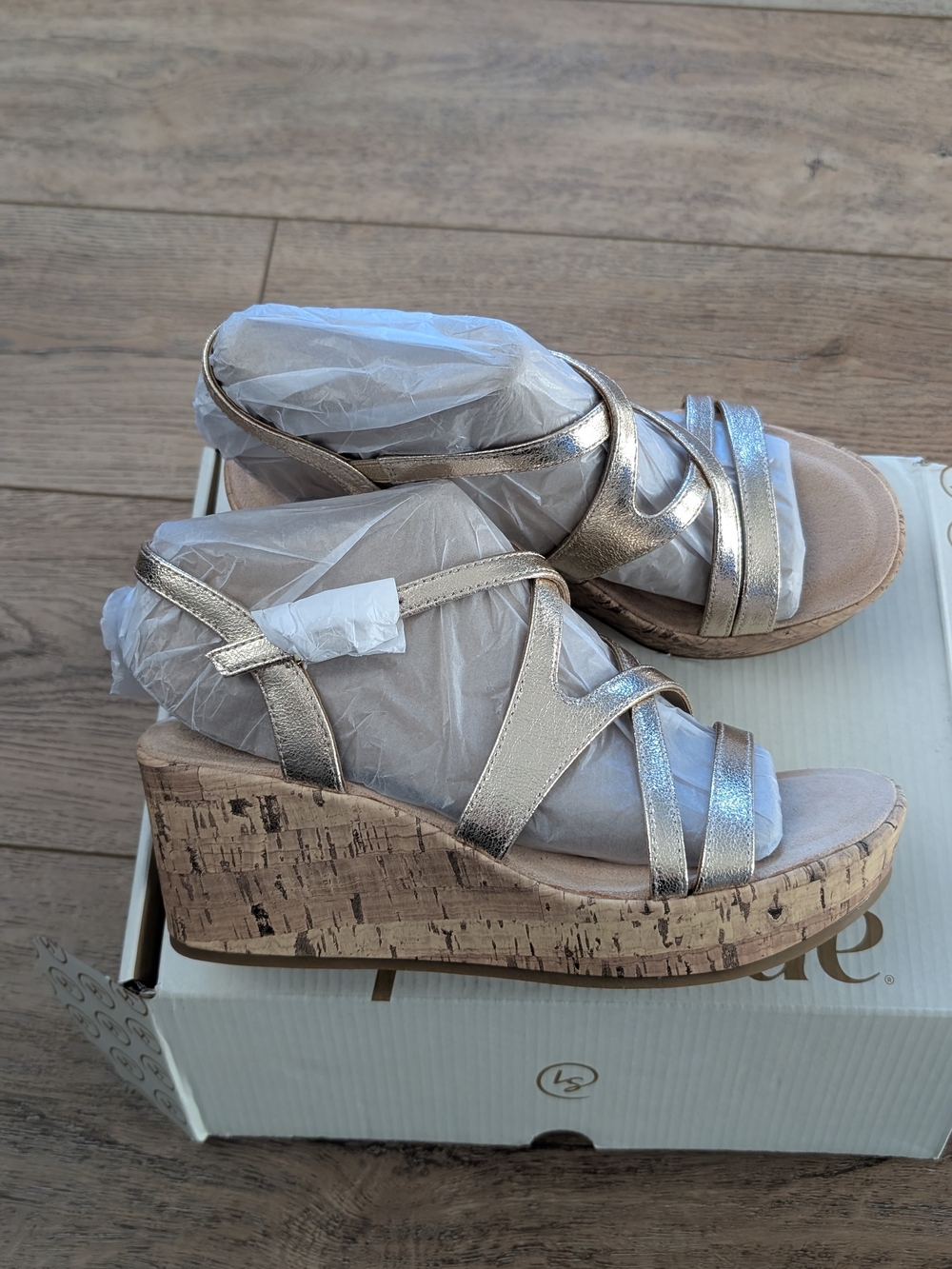 Life Stride Metallic Gold Cork Wedge Sandals